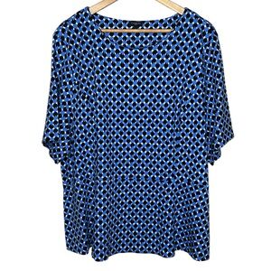 🩷 Talbots Woman Peplum Top Size 3X Short Sleeve Round Neck Blue Black Geometric